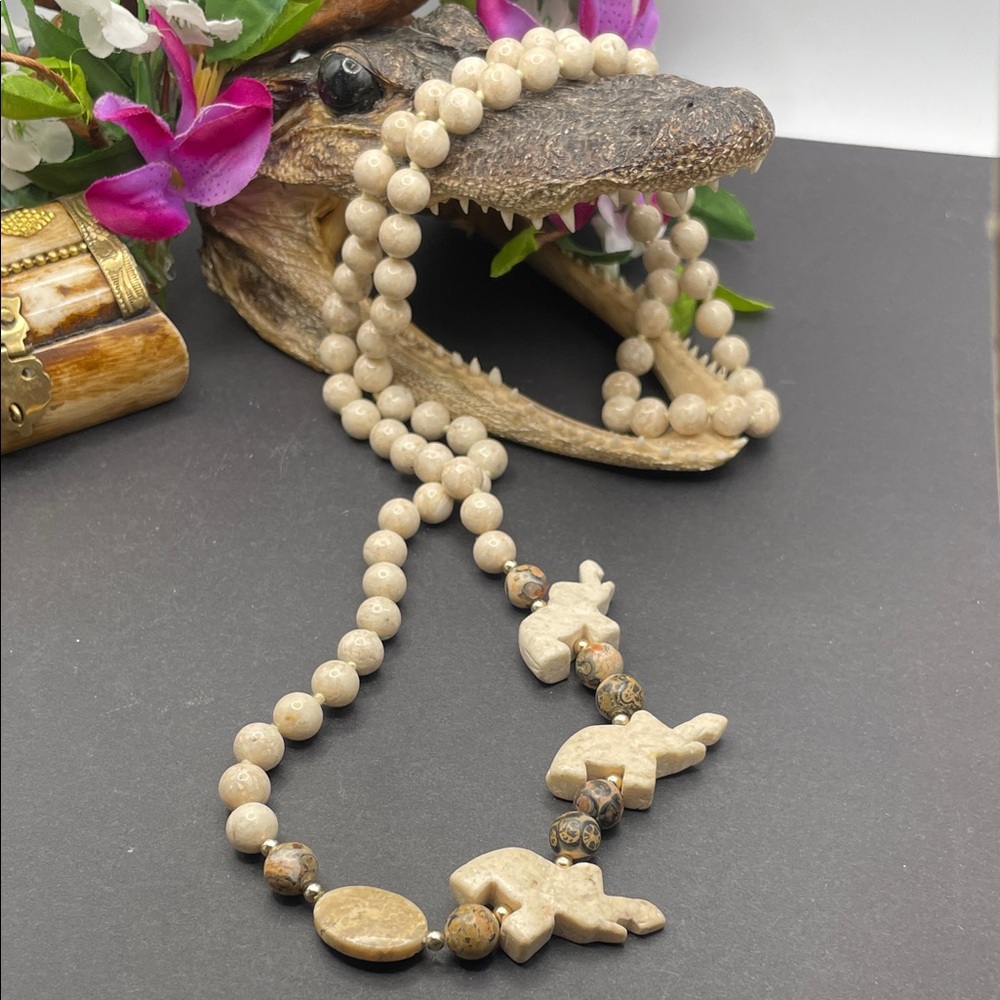 Scolecite and leopard skin Jasper carved stone necklace C10